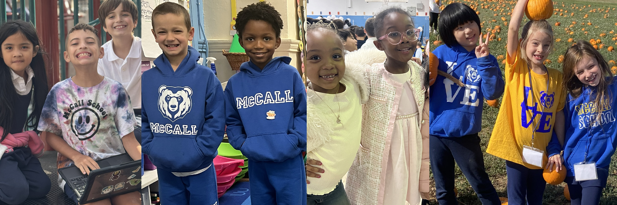 Collage of elementary school students smiling and participating in school life, including using a laptop, wearing school spirit clothing, posing with friends, and visiting a pumpkin patch.