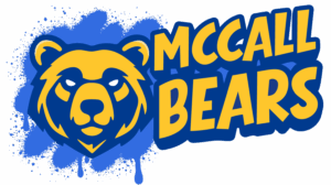 McCall Bears logo featuring a stylized bear head mascot in blue and gold next to bold “McCall Bears” lettering with a paint splatter background