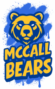 McCall Bears stacked logo with bear head mascot above bold “McCall Bears” text over a blue paint splatter background